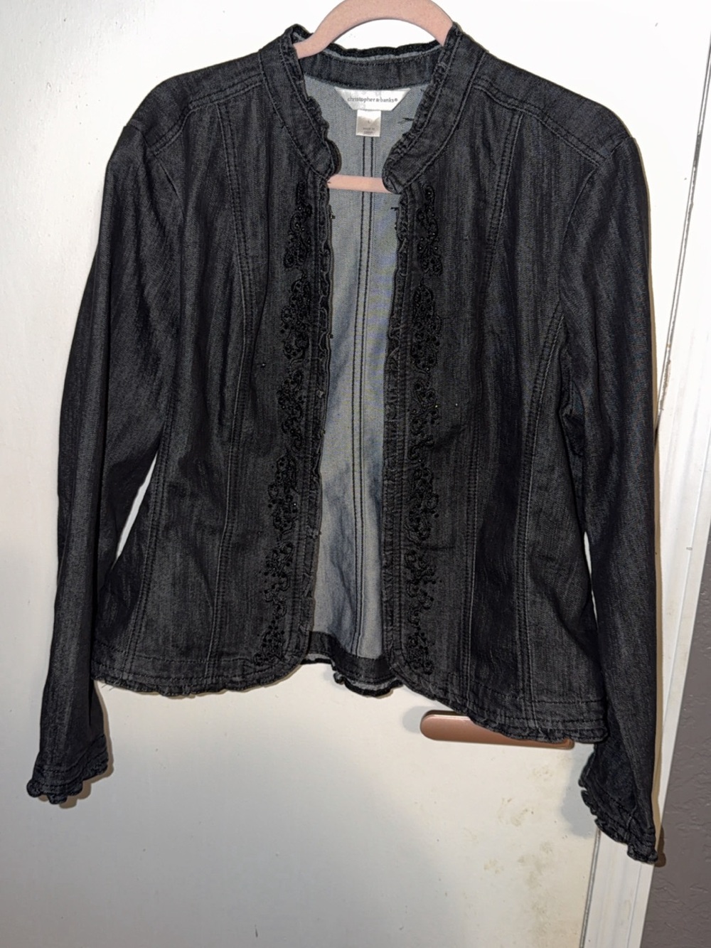 Christopher & Banks Black Embroidered Open-Front Denim Jacket